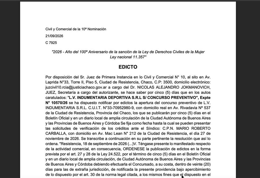 Edicto judicial: apertura del concurso preventivo de L.V. Indumentaria Deportiva S.R.L.