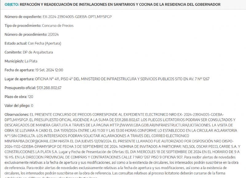 Captura de pantalla del boletin oficial sobre dicha licitación. |Foto de Diario Gran La Plata|.