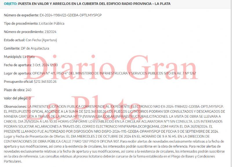 Está licitación se llevará a cabo bajo el número de expediente EX -2024- 11984122-GDEBA-DPTLMIYSPGP.