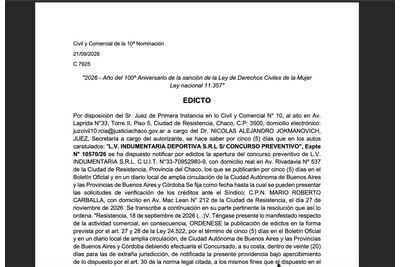 Edicto judicial: apertura del concurso preventivo de L.V. Indumentaria Deportiva S.R.L.