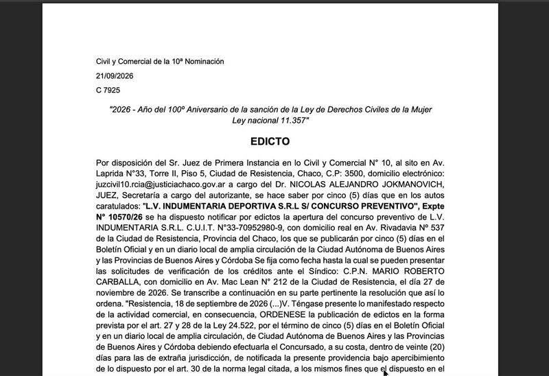 Edicto judicial: apertura del concurso preventivo de L.V. Indumentaria Deportiva S.R.L.